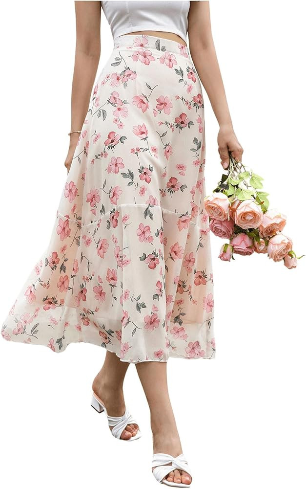 Milumia Women's Floral Print Mesh Ruffle Long Skirt Overlay Swing A Line Elegant Skirts | Amazon (US)