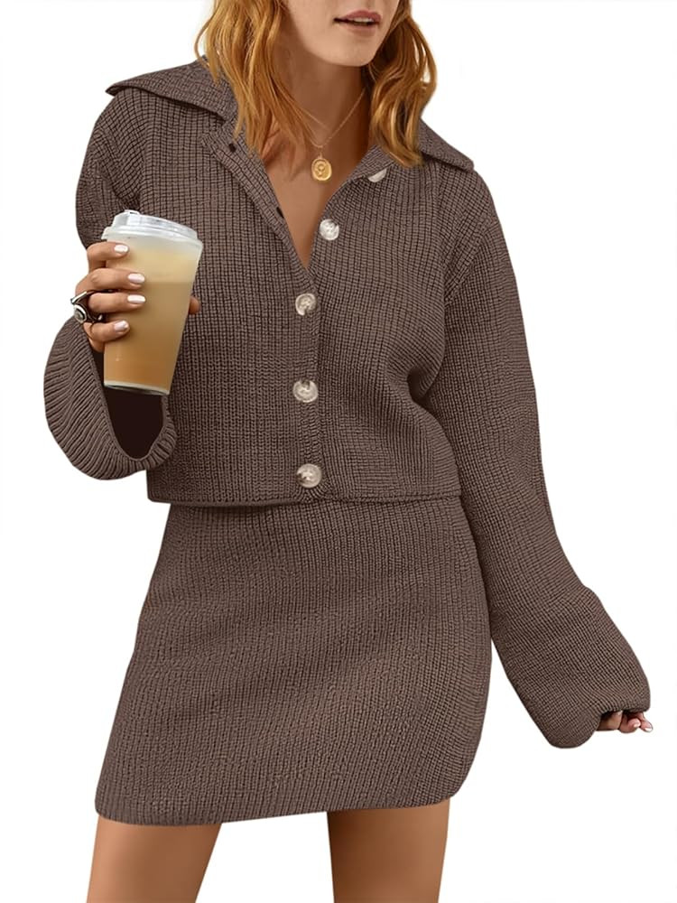 Saodimallsu Womens 2 Piece Sweater Skirt Sets Long Sleeve Collared Button Cardigan Knit Mini Skir... | Amazon (US)