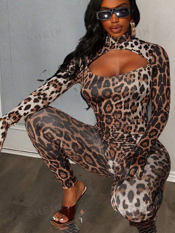 SHEIN Slayr Casual High-Neck Cutout Chest Long Sleeve Long Leopard Print Bodysuit | SHEIN