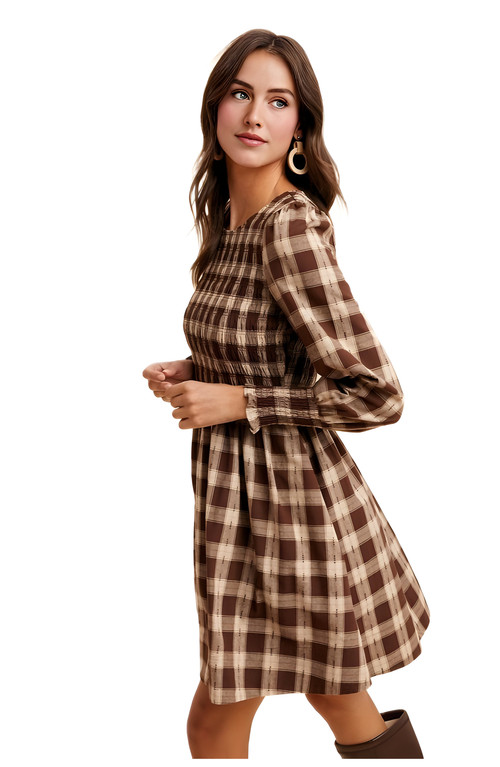 Knit and Lounge Smocked Plaid Long Sleeve Mini Dress in Brown Plaid at Nordstrom, Size Large | Nordstrom