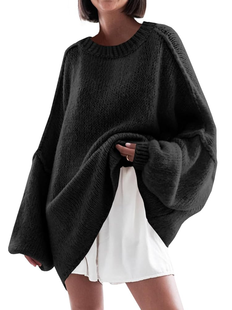 Saodimallsu Womens Oversized Sweater Chunky Crew Neck Long Lantern Sleeve Knit Fall Trendy Tunic ... | Amazon (US)