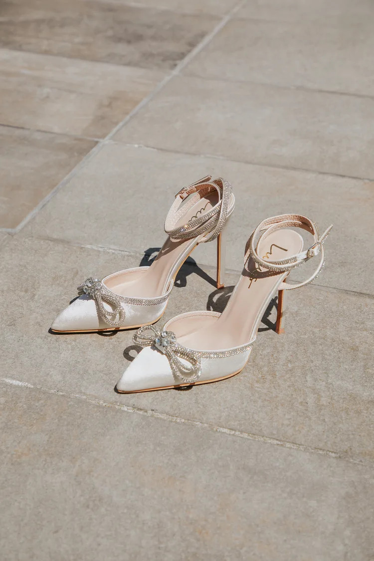 Lullie Ivory Satin Rhinestone Ankle Strap Pointed-Toe Pumps | Lulus (US)