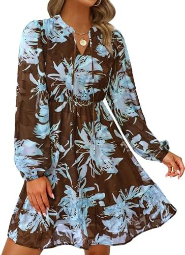 PRETTYGARDEN Women's Fall Boho Dresses 2025 Floral Long Sleeve V Neck Mini Flowy Wedding Guest Dr... | Amazon (US)