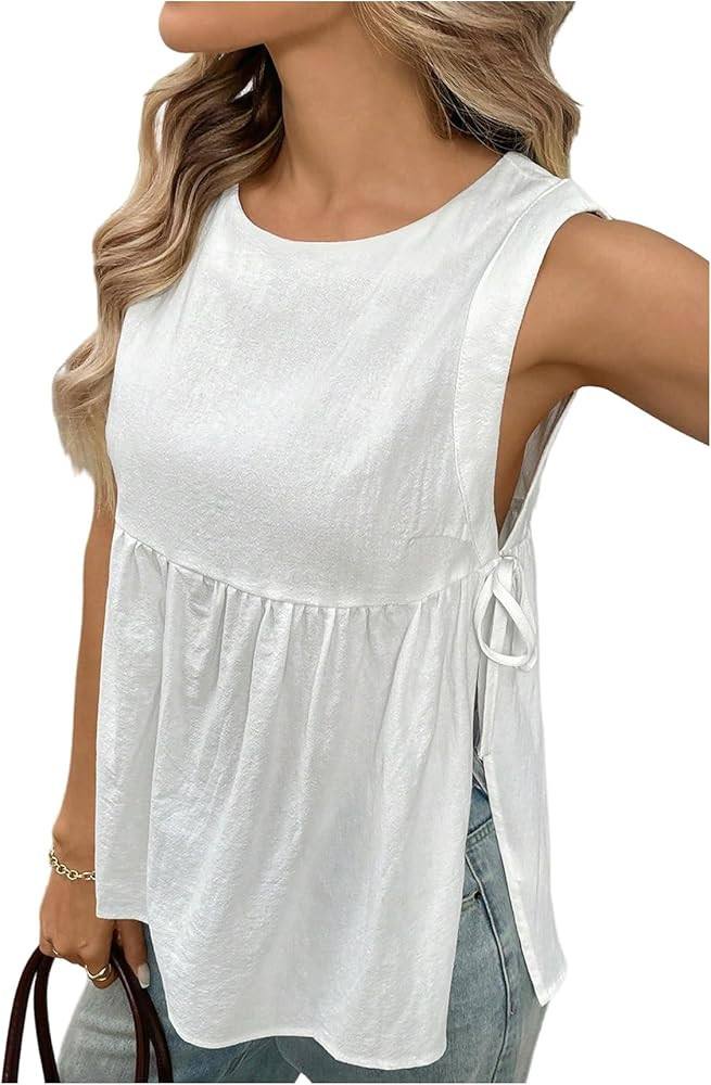 SOLY HUX Women's Bow Tie Side Tank Tops Sleeveless Crew Neck Peplum Babydoll Casual Summer Top | Amazon (US)