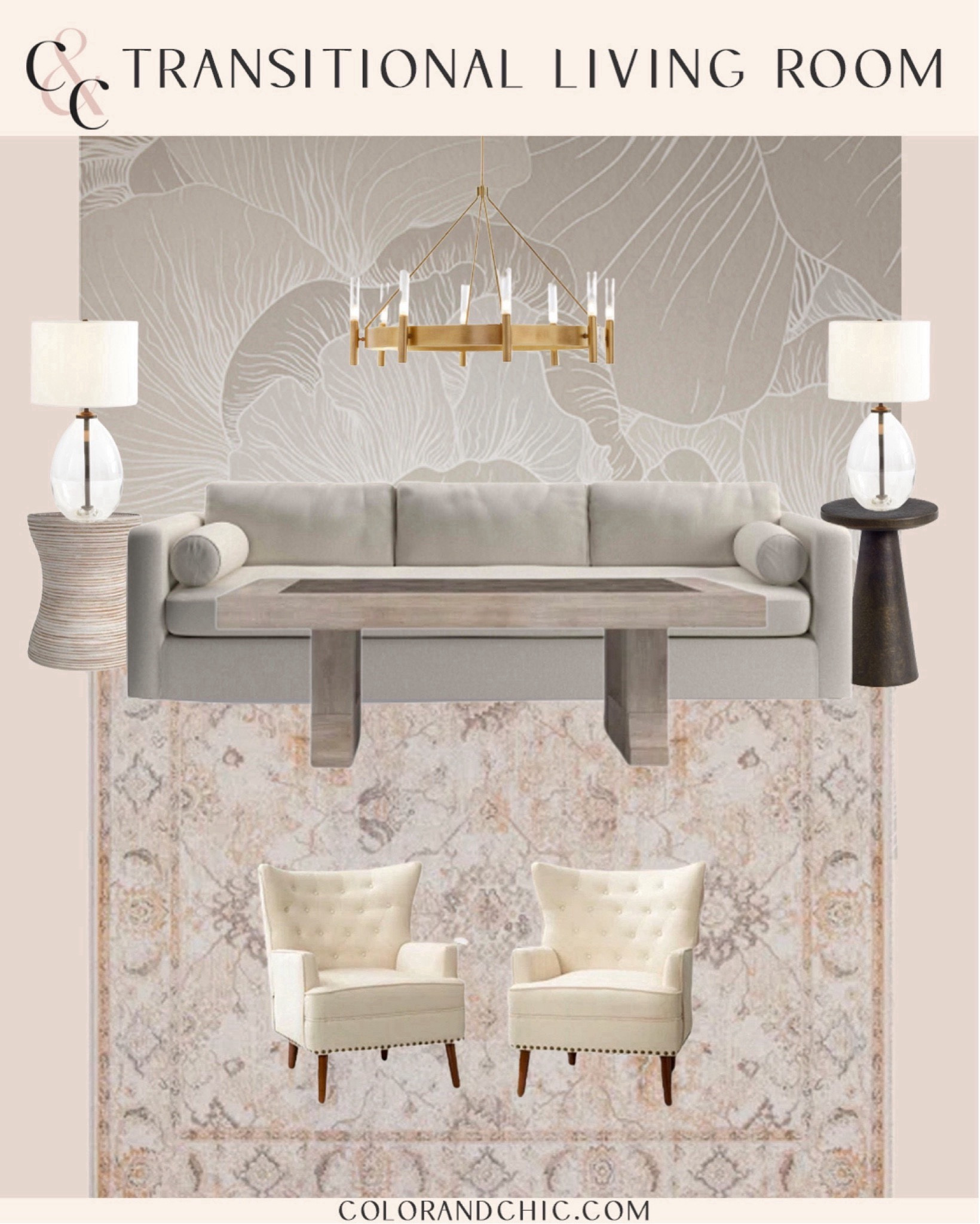 Transitional living room with cream accent chairs, sofa, brass chandelier and more! Love the wallpaper and how it contrasts with the rug! 

#LTKHome #LTKStyleTip