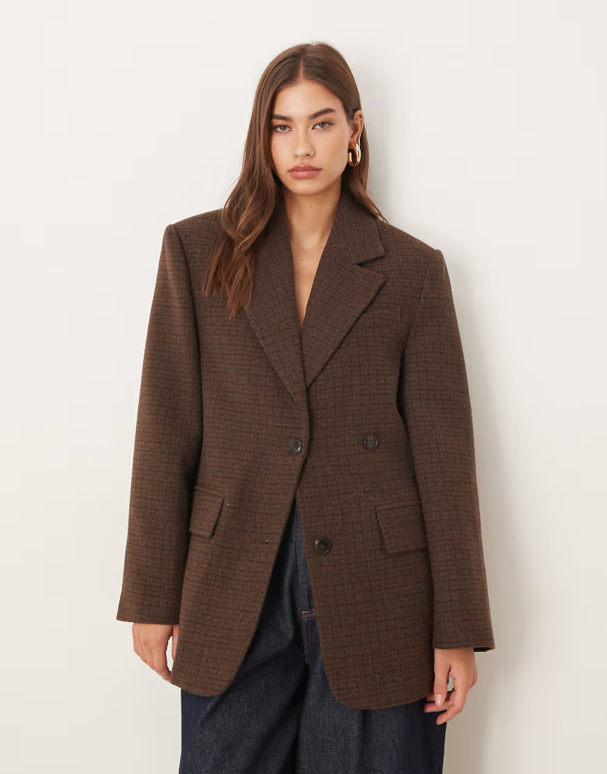Mango oversized brushed tailored blazer in brown check | ASOS (Global)