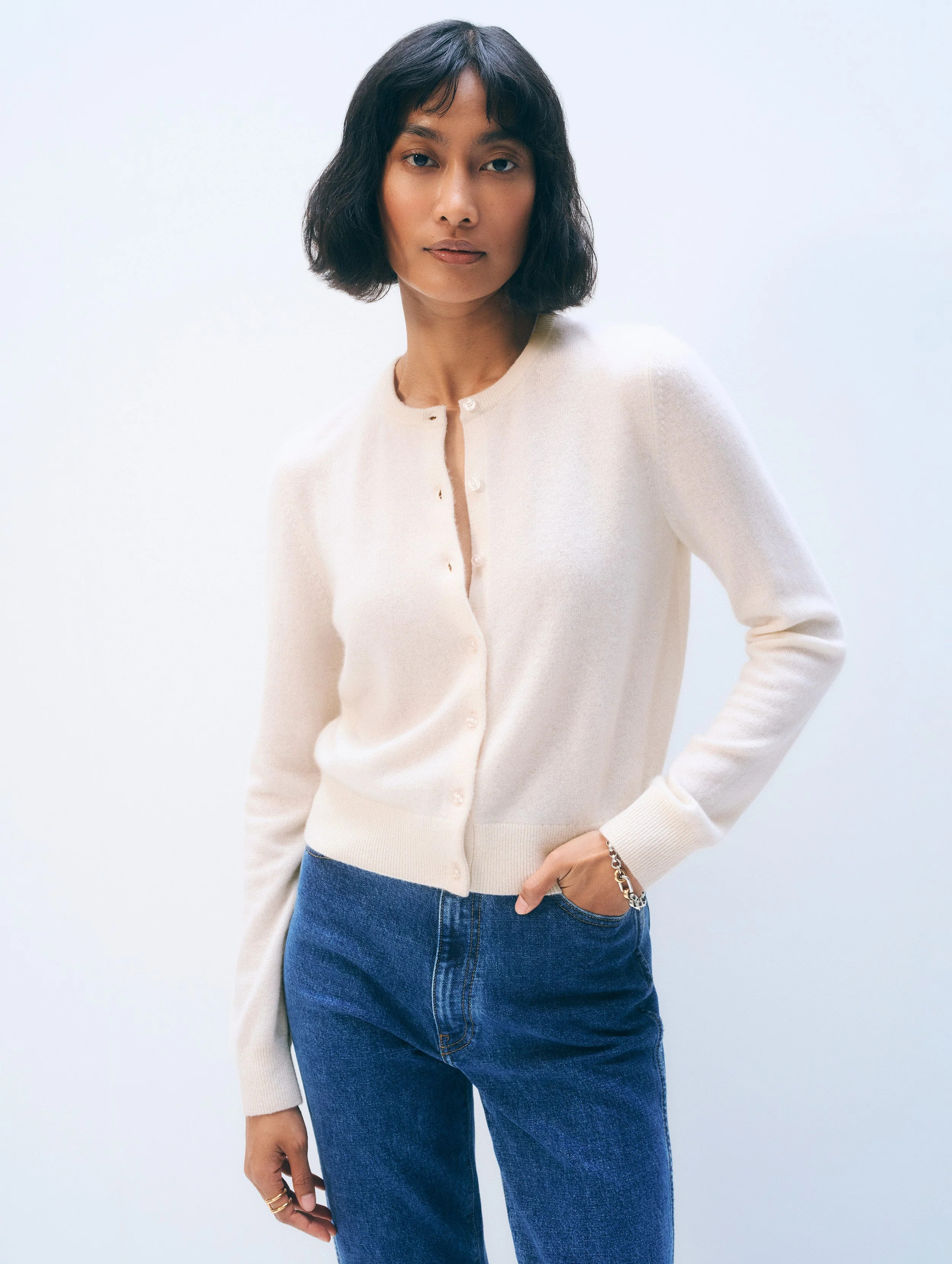 White & Warren Cashmere Crewneck Cardigan Sweater in White size Large | White and Warren