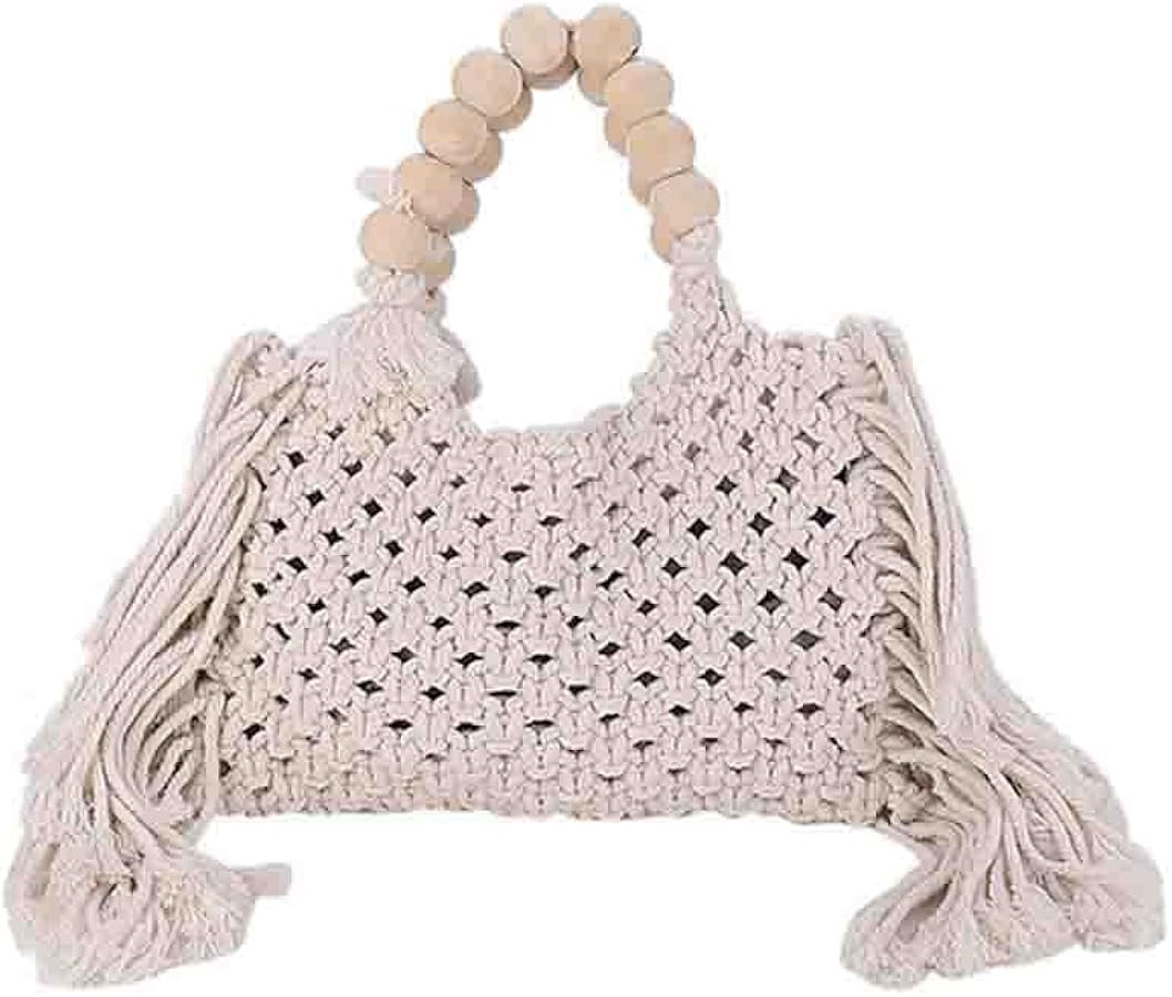 Hand-woven Cotton Rope Tassels Beach Handbag, Wooden Bead Hollow Out Knitting Purse, Women's Stra... | Amazon (US)