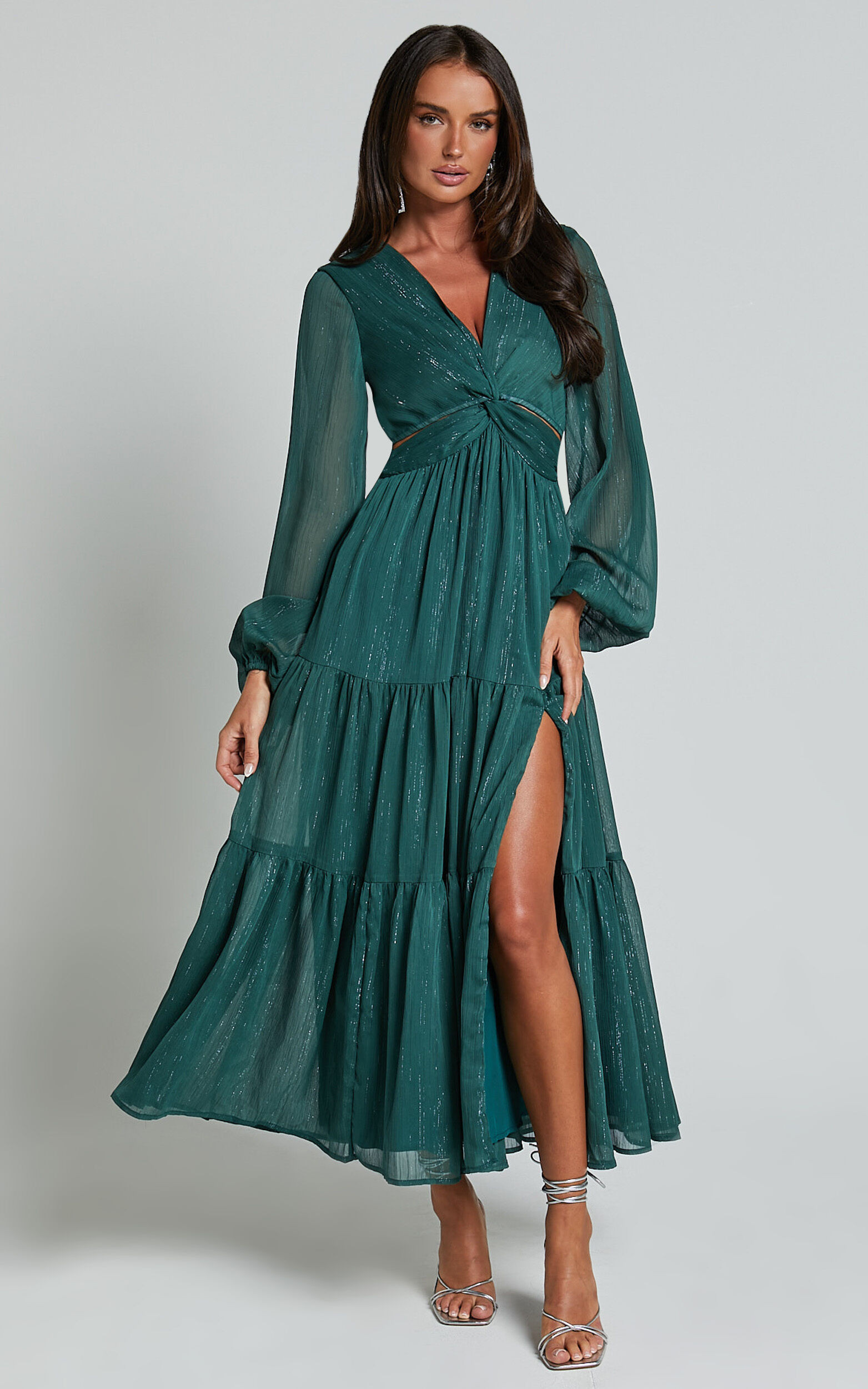 Edelyn Midi Dress - Cut Out Balloon Sleeve Tiered Dress in Emerald | Showpo (US, UK & Europe)