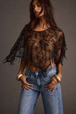Veuve Black Fringe Shawl Top M/L | 12th Tribe