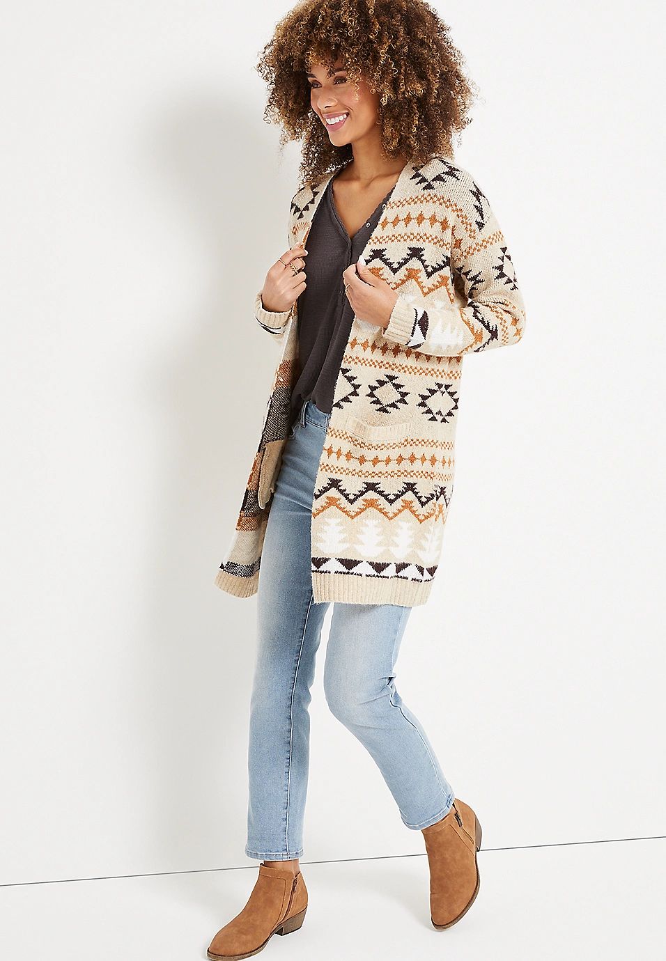 Oatmeal Geo Open Front Cardigan | Maurices