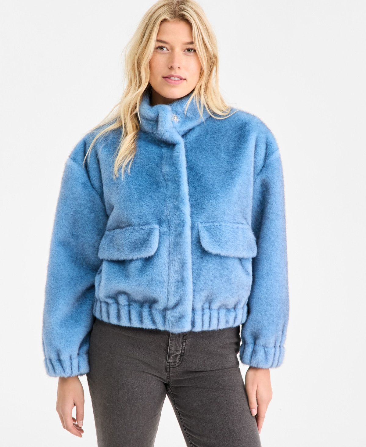 On 34th Women's Woven Solid Faux-Fur Bomber Jacket, Macy's Exclusive - Twinkle Blue | Macy's