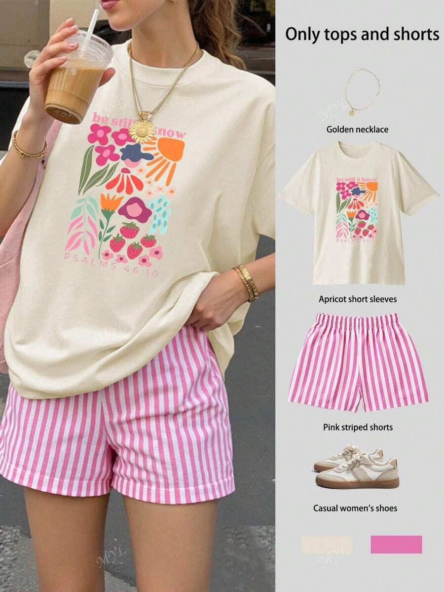 Be Stil & Know Printed Women's Oversize Short-Sleeved Tops And Striped Shorts Set, Summer Tops, S... | SHEIN