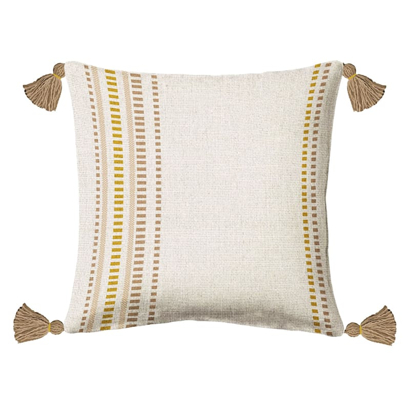 Neutral & Yellow Striped Woven Throw Pillow with Tassels, 20" | At Home