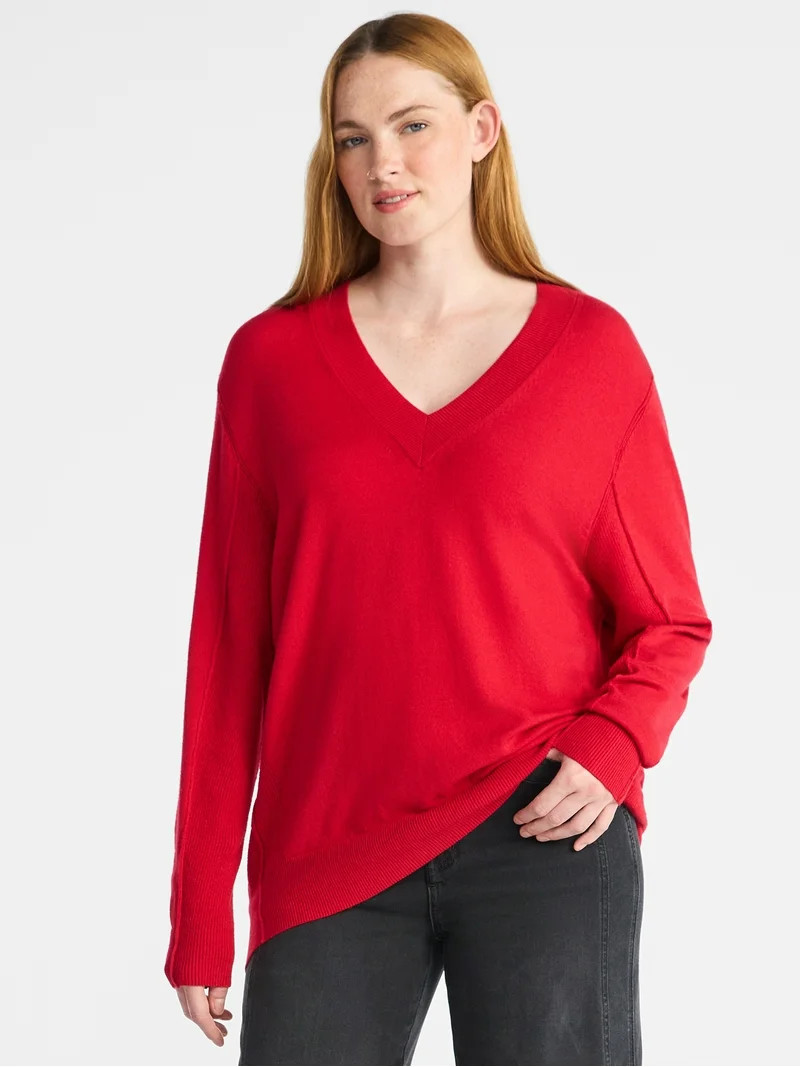 Time and Tru Women's Ribbed Panel V-Neck Sweater with Long Sleeves, Midweight, Sizes XS-XXXL | Walmart (US)