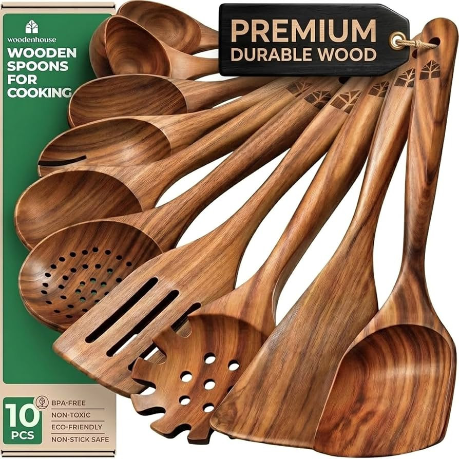 Wooden Spoons for Cooking, 10 Pcs Teak Wood Utensil Set for Nonstick | Amazon (US)