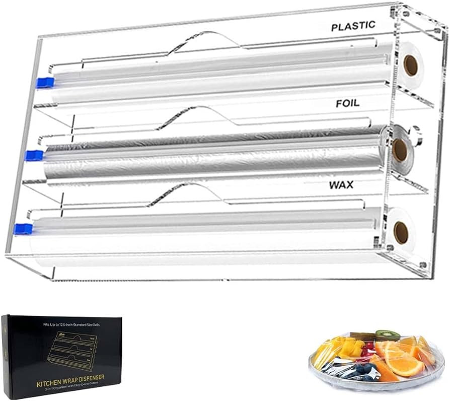 Acrylic 3-in-1 Foil and Plastic Wrap Organizer With Cutter & Labels | Clear Kitchen Drawer Organi... | Amazon (US)