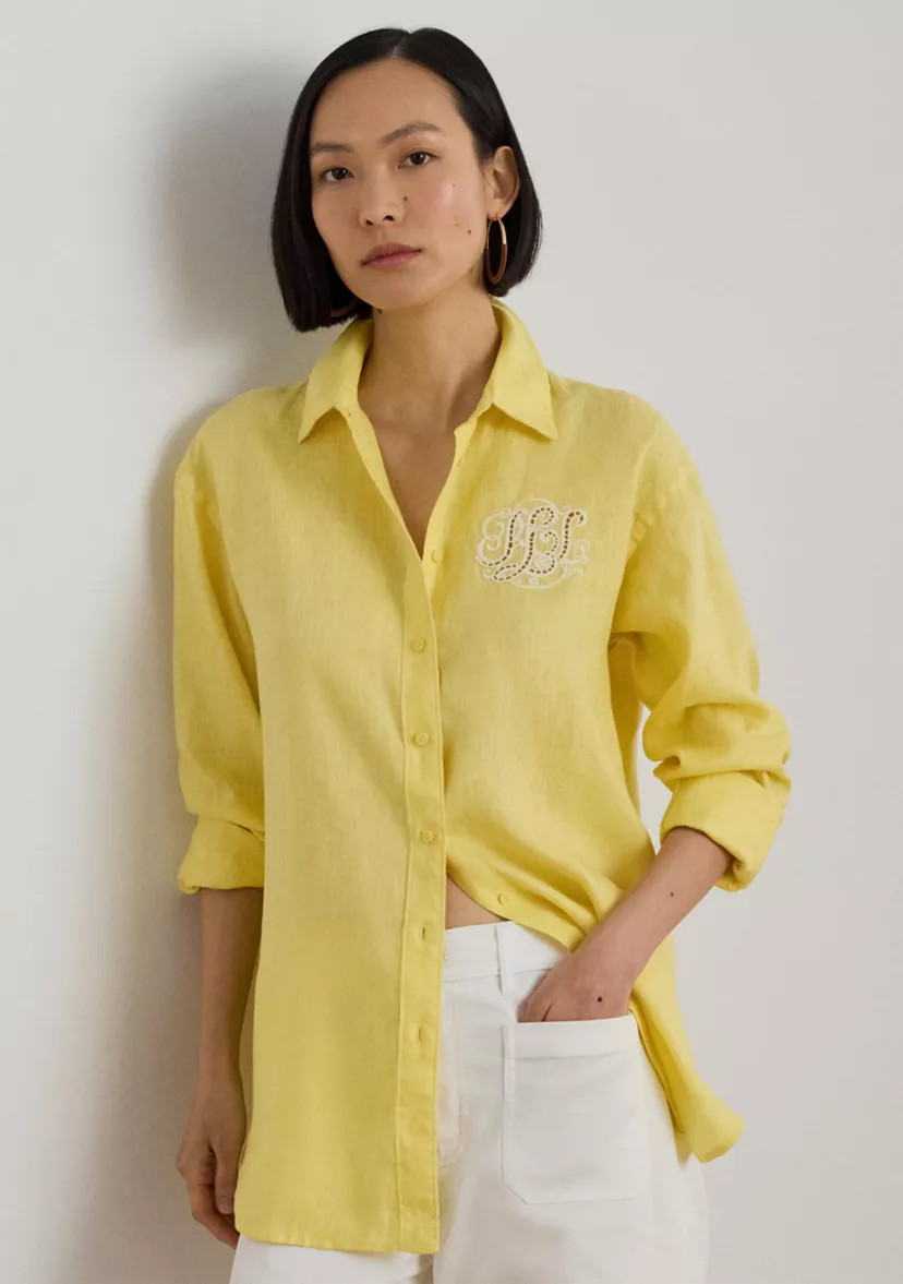 Women's Relaxed Fit Eyelet-Logo Linen Shirt | Belk