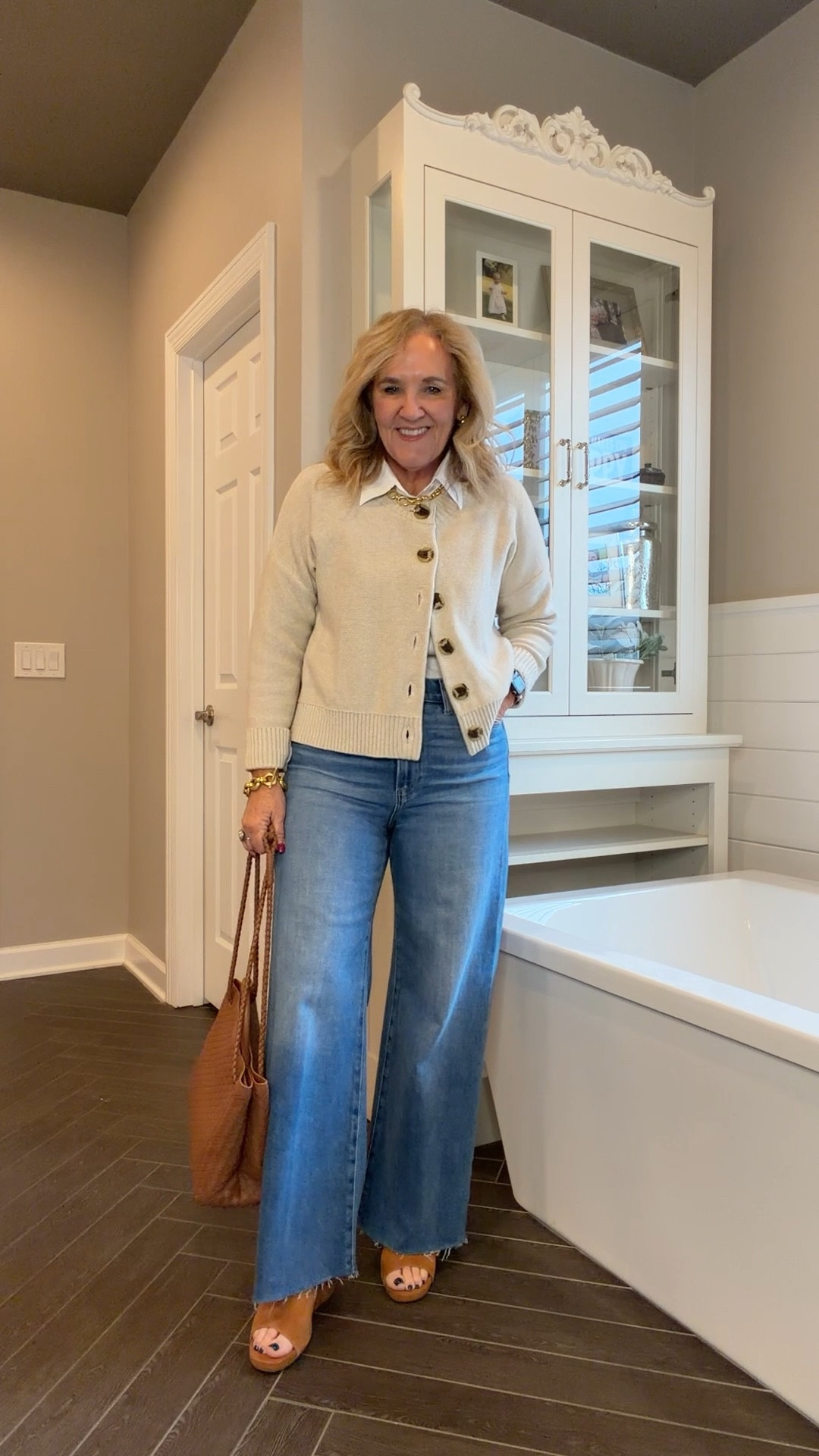 My favorite classic Paige anessa jeans wearing a 29 petite 
Speckled beige cardigan size medium 
No iron white blouse the shirt sleeve isn’t available linking long sleeve size 1.0 


#LTKPetite #LTKOver40 #LTKootd