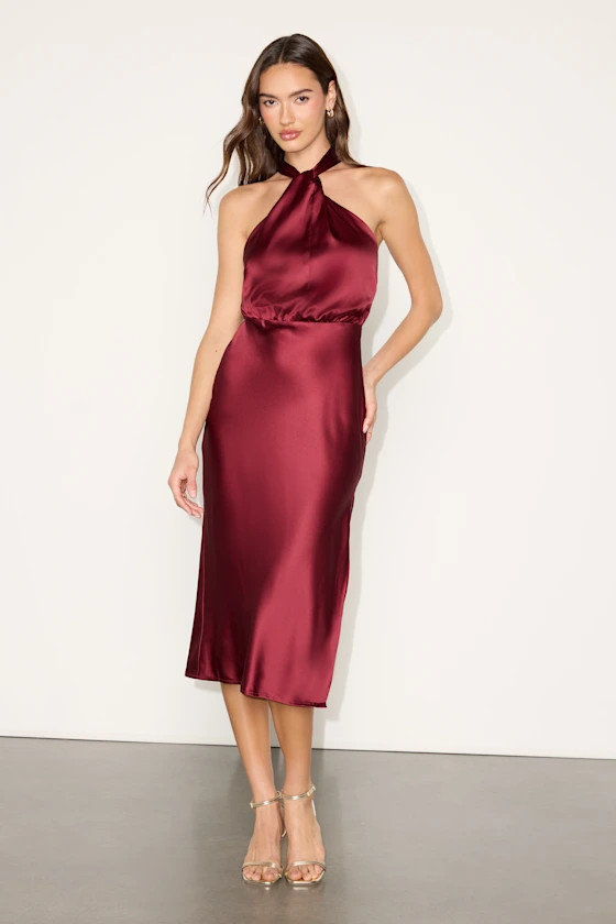 Jacey Burgundy Satin Halter Midi Dress | Lulus