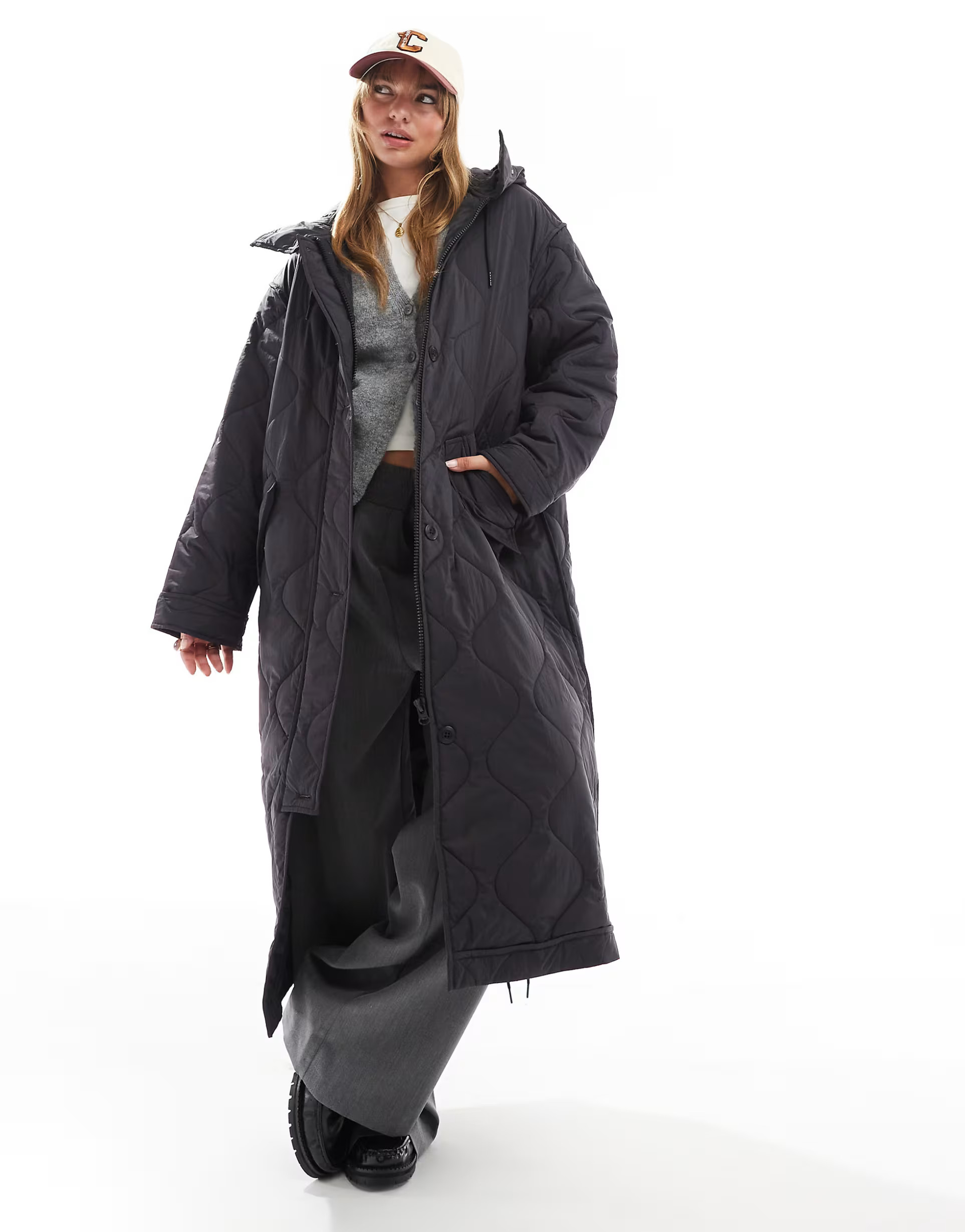 ASOS DESIGN longline quilted jacket with hood in black | ASOS (Global)