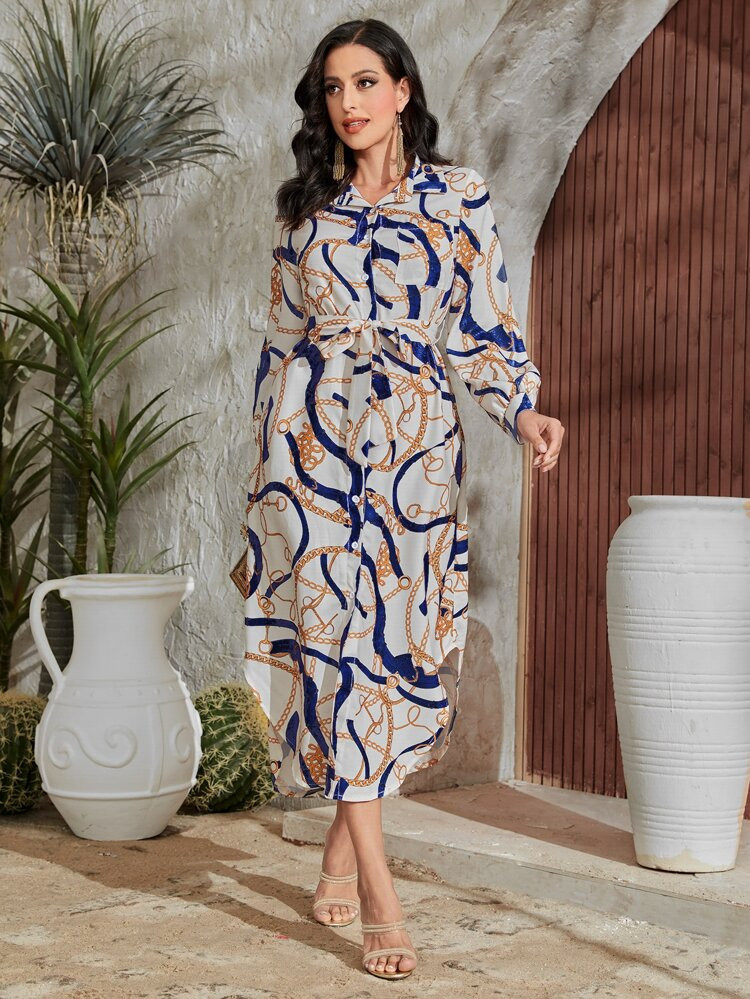 Chain Print Belted Shirt Dress | SHEIN
