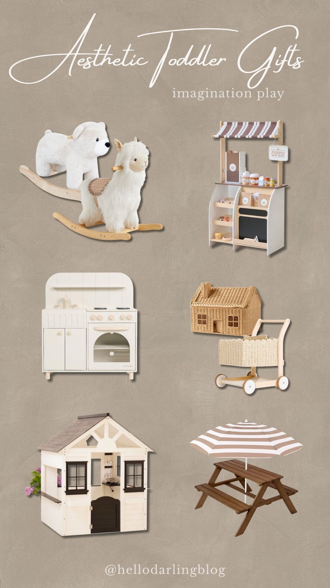 Aesthetic toddler imagination-play gifts that look beautiful in your home and keep little ones entertained for hours. Linking our favorite neutral rocking animals, wooden play market, minimal play kitchen, rattan dollhouse, wicker shopping cart, and the sweetest outdoor playhouse with a matching picnic table set. All neutral, minimal, and perfect for pretend play, dramatic play, and Montessori-style learning at home. Great Christmas gifts, toddler birthday ideas, or everyday playroom additions for ages 1–4. #toddlermom #toddlergiftideas #pretendplay #aesthetickids #neutraltoys #playroominspo #ltkhome #ltkkids #ltkgiftguide #montessoritoys #toddlerchristmas 

#LTKHoliday #LTKKids #LTKGiftGuide
