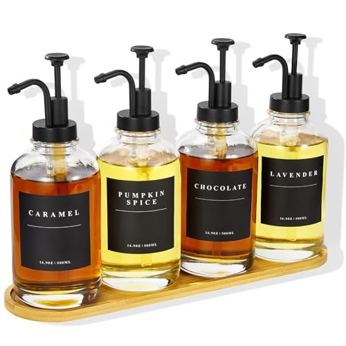 Coffee Syrup Dispenser for Coffee Bar, Coffee Syrup Pump Dispenser, Glass Syrup Bottle with Black Upgraded Pump, 4 Pack 16.9 oz 500 ml Syrup Dispensers, 28 Labels and Large Bamboo Tray | Amazon (US)