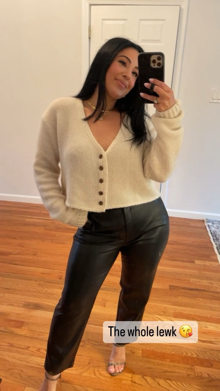 Date night outfit 🦋 
Featuring a Sablyn cropped cardigan with Babaton Command cropped vegan leather pants from Aritzia (perfect for short girlies!) and a Stuart Weitzman Aleena slide (which are so comfy!).  The command pants are still available on Aritzia in different lengths! It just won't let me link them, so I've linked a bunch of cute similar items for you to shop! Also not pictured but linked below, is my favorite lil shoulder bag ✨
#datenightlooks #aritzia #stuartweitzman #sablyn #cashmerecardigan #petitefit #petitestyle

#LTKbeauty #LTKcurves #LTKfit