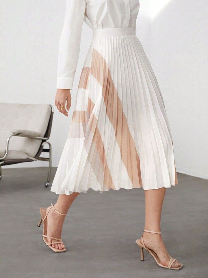 SHEIN BIZwear Women's Contrast Color Pleated Hem Skirt | SHEIN