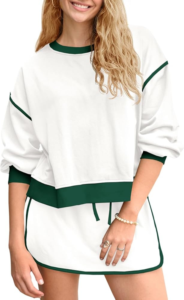 Fisoew Womens Sweatsuits 2 Piece Set Crewneck Sweatshirts High Waisted Skort Skirts Tennis Runnin... | Amazon (US)