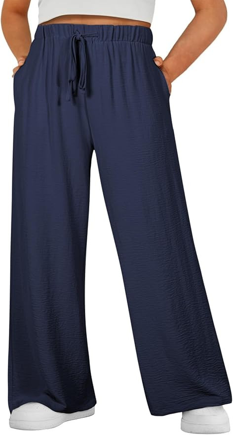 Eytino Womens Plus Size Pants Summer Elastic High Waist Drawstring Casual Loose Wide Leg Trousers... | Amazon (US)