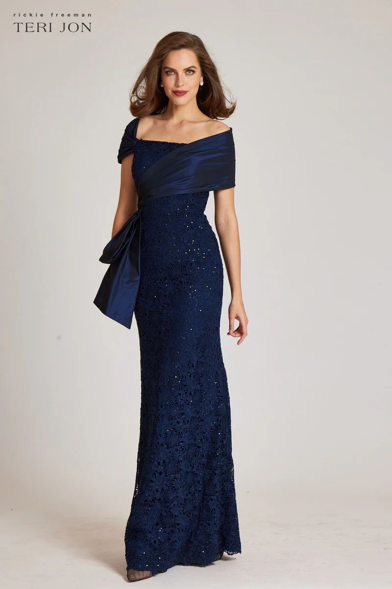 Sequin Lace Gown With Taffeta Wrapped Shawl | TERIJON