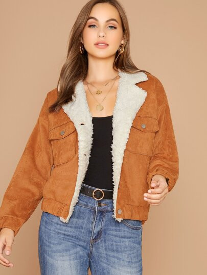 SHEIN Flap Pocket Front Faux Shearling Jacket | SHEIN