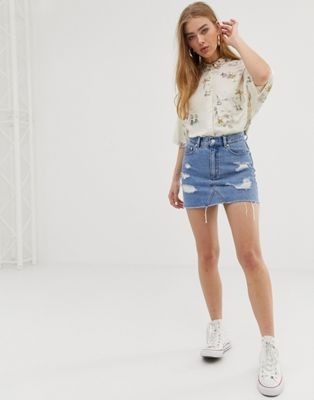 Pull&Bear ripped denim skirt in blue | ASOS US