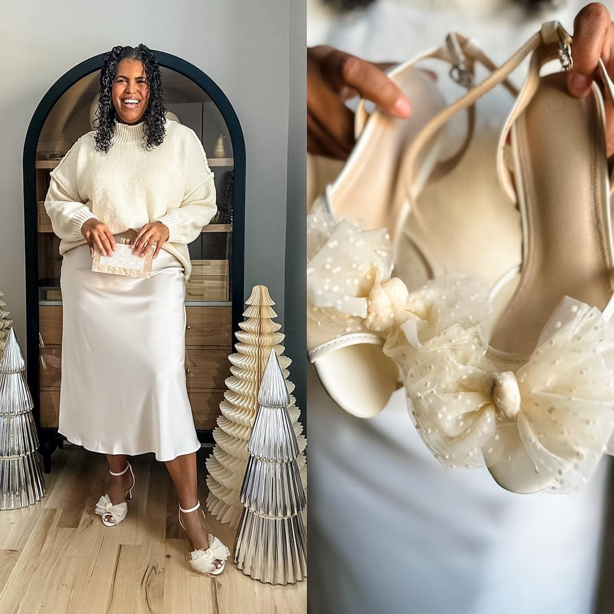 The prettiest satin skirt! I’m wearing size xxl in skirt and sweater. These bow heels are so sweet and true to size  

#LTKSeasonal #LTKHoliday #LTKootd