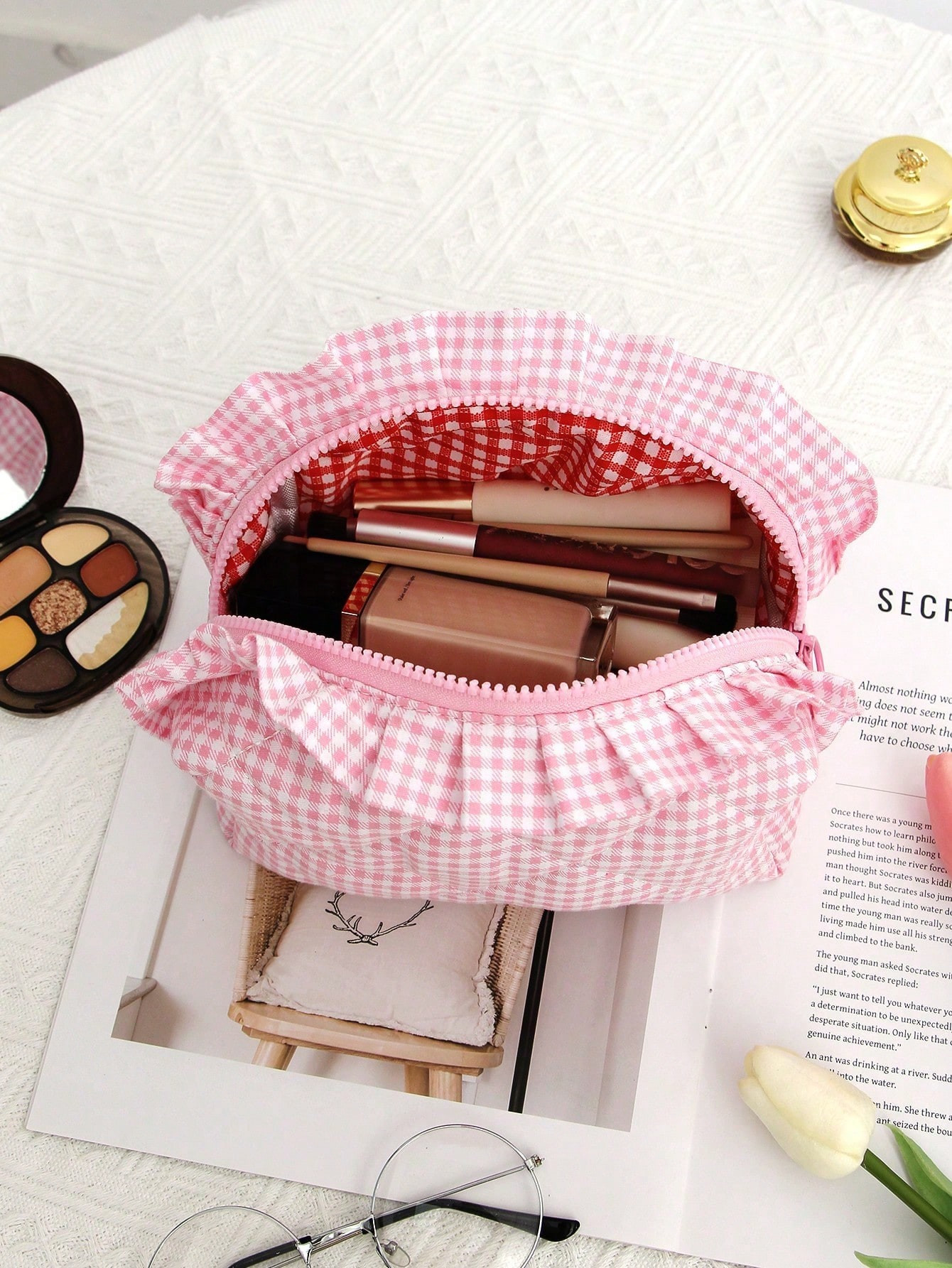 Octagonal Plaid Cosmetic Bag Makeup Bag Make Up Organizer For Makeup Tools Toiletry Bag Bow Knot ... | SHEIN