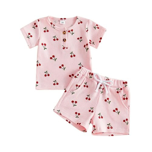 allshope Toddler Baby Girl Summer Outfit Short Sleeve Crewneck Cherry Print T Shirt Top Shorts Set Cute Infant Waffle Clothes (Color Pink, 2-3T) | Amazon (US)