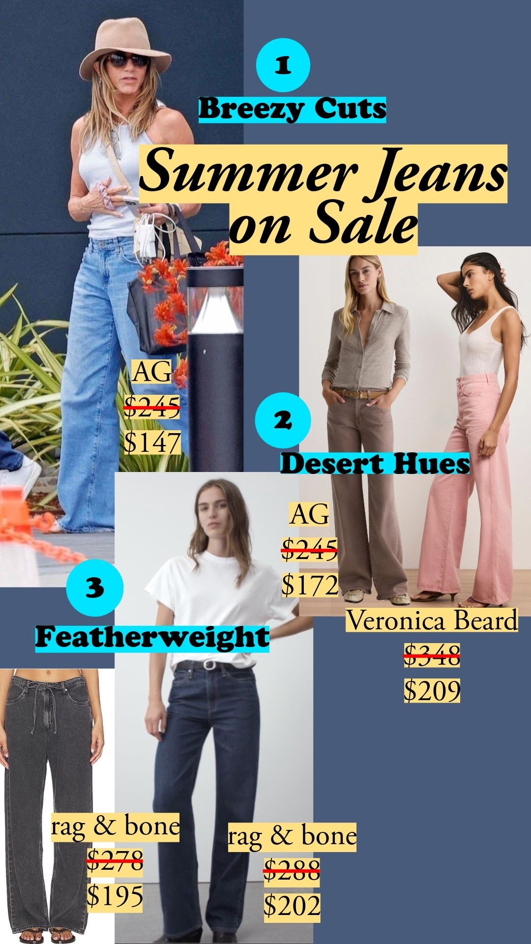 Summer denim comes down to weight: rag & bone's Featherweight line drapes fluidly instead of standing up stiff in the heat, while AG's Adria (Jennifer Aniston's go-to) gives you that relaxed baggy line without the bulk. The desert-toned washes at AG and Veronica Beard read richer than a flat dye because of the subtle tonal variation. All on sale. summer jeans, lightweight denim, wide leg jeans, baggy jeans, relaxed wide leg jeans, AG Adria jeans, Jennifer Aniston jeans, rag and bone featherweight, Veronica Beard jeans, high waist wide leg jeans, colored denim, pink jeans, brown jeans, straight leg jeans, FRAME jeans, PAIGE jeans, RE/DONE jeans, denim on sale, summer denim outfit, drawstring jeans

#LTKootd