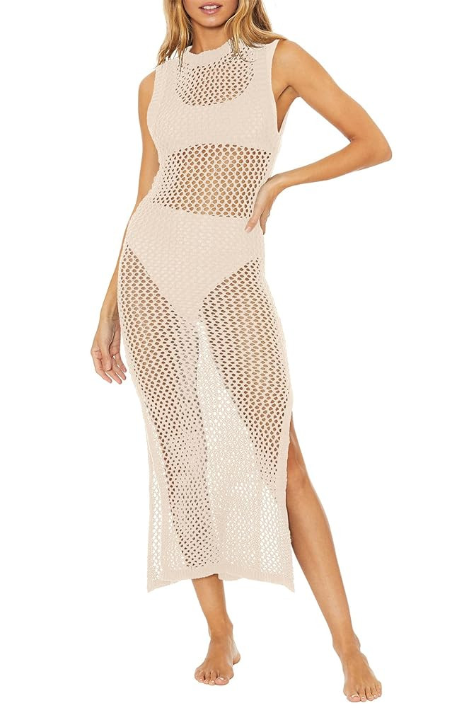 Ebifin Womens Sexy Cover Ups Crochet Dress Sleeveless Crew Neck Hollow Out Beach Cover Up Side Sl... | Amazon (US)