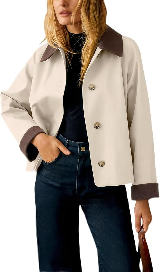 Womens Contrast Collar Jacket Casual Button Down Long Sleeves Crop Trench Coat Outerwear with Poc... | Amazon (US)