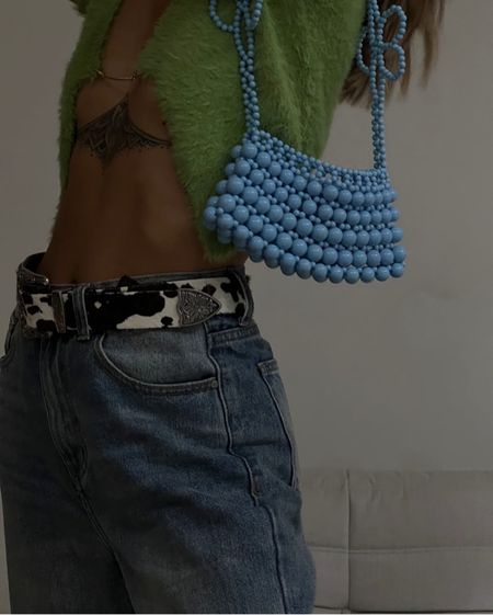 Colorful outfit - green cardigan, blue bead bag and cow print belt. #NastyGal

#LTKeurope #LTKitbag #LTKsalealert