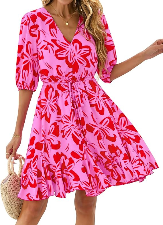 BTFBM Women Summer Spring Floral Boho Dress 2026 V Neck Short Sleeve Ruffle Beach Vacation Clothe... | Amazon (US)
