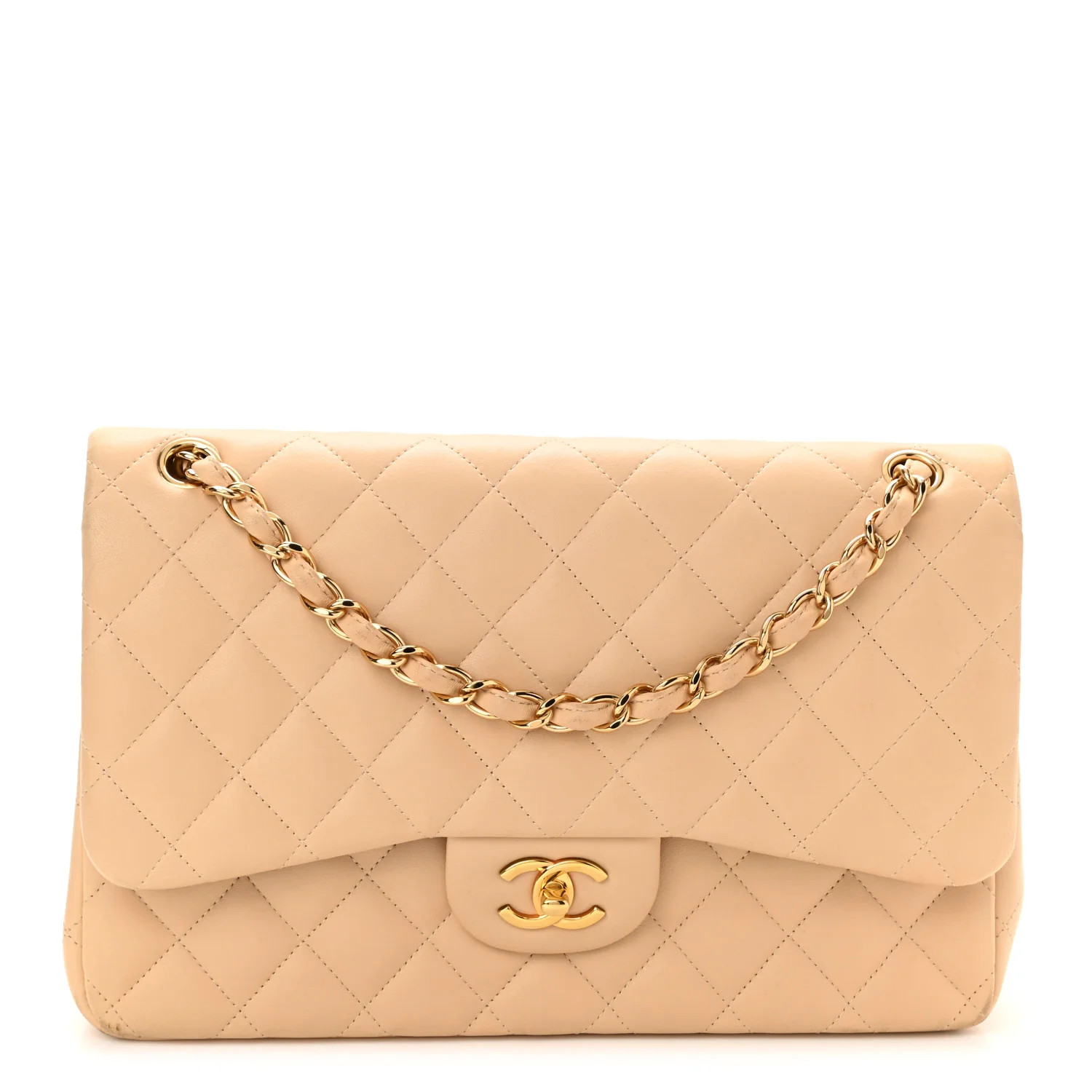 CHANEL Lambskin Quilted Jumbo Double Flap Beige | FASHIONPHILE (US)
