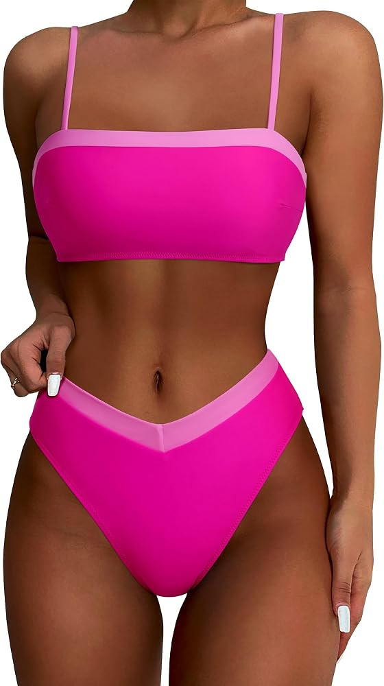 SUUKSESS Women Bandeau High Waited 2 Piece Bikini Set Cheeky High Cut Swimsuit | Amazon (US)