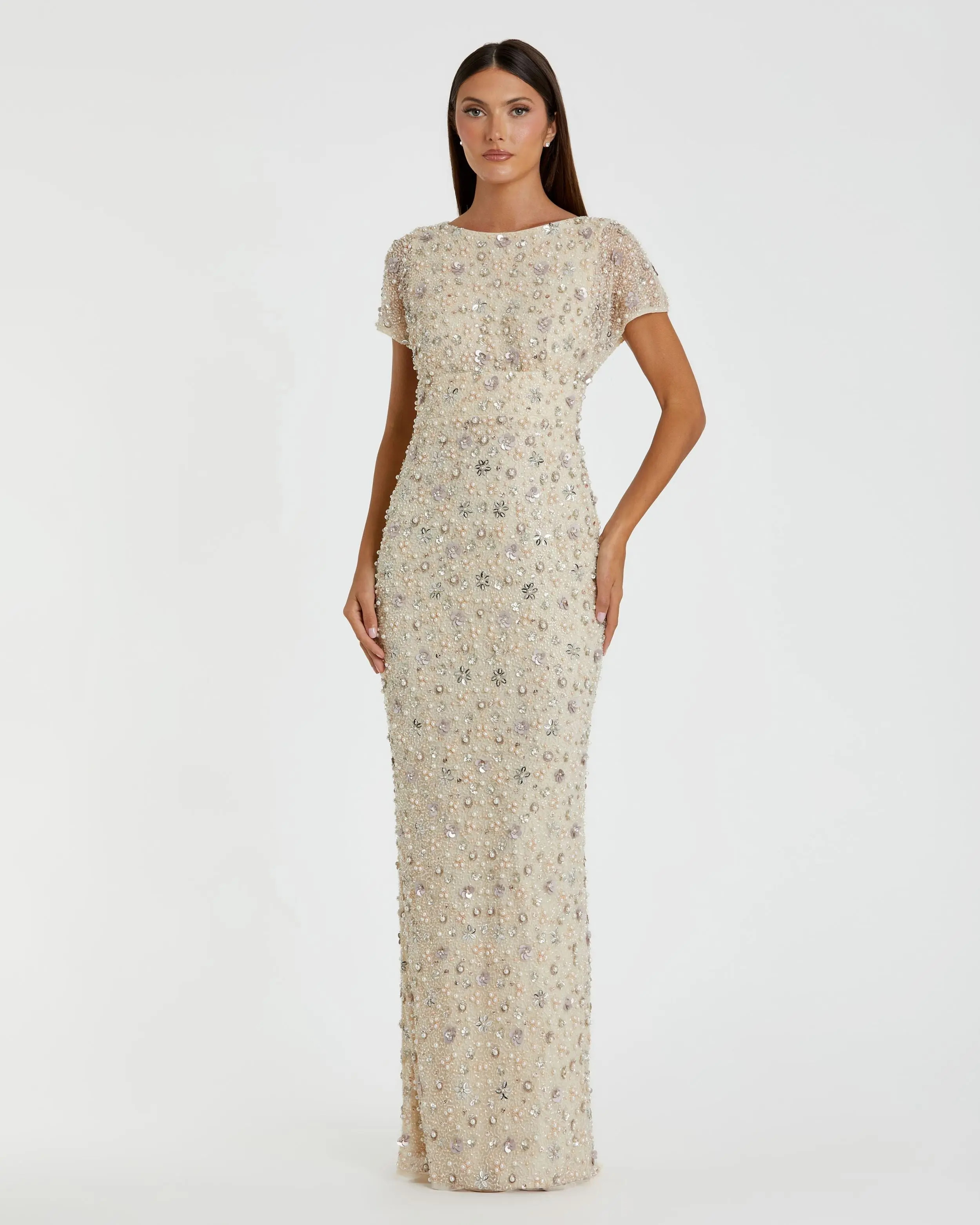 Ivory Floral Embellished Mesh Fitted Column Gown | Mac Duggal