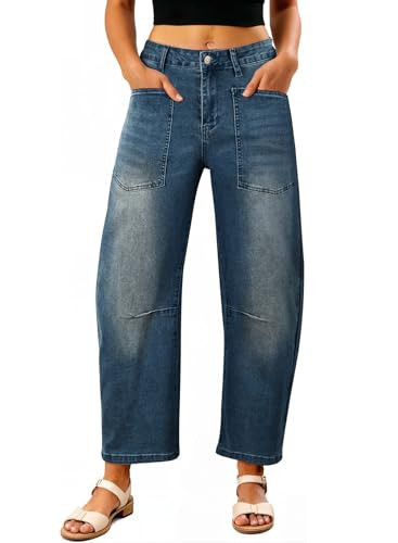 EVALESS Barrel Jeans Women Stretchy High Waisted Loose Baggy Jean Sail Blue Size 12 | Amazon (US)