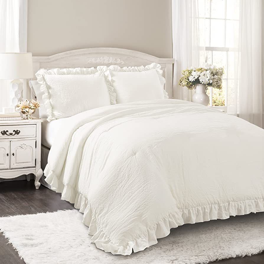 Lush Decor Reyna 3-Piece Ruffled Comforter Bedding Set with Pillow Shams, Full/Queen, White | Amazon (US)