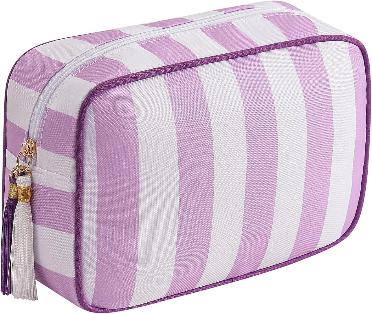 Large Stripe Canvas Zipper Makeup Bag,Aesthetic Tassel Travel Cosmetic Bag,Coquette Toiletry Bag,... | Amazon (US)