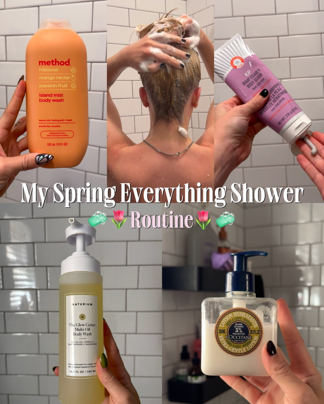 here is my current spring everything shower routine for my body! 🧴🚿 this routine leaves my skin feeling so soft & hydrated & makes me smell so citrusy & delicious! 🍋  step 1: cleanse with method body wash & an exfoliating mitt step 2: exfoliate with first aid beauty kp bump eraser body scrub step 3: exfoliate my feet with dr scholls hard callous remover step 4: prep my skin with tree hut shaving oil step 5: shave my legs & under arms with my gillette razor step 6: rehydrate & protect with naturium shower oil step 7: moisturize with l’occitane gentle lotion step 8: apply curie deodorant 

#LTKmorningroutine #LTKselfcare